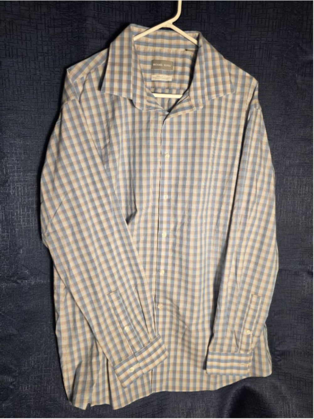 Men's MICHAEL KORS Dress Shirt Neck 18.5 Blue Beige Plaid dressy preppy plaid